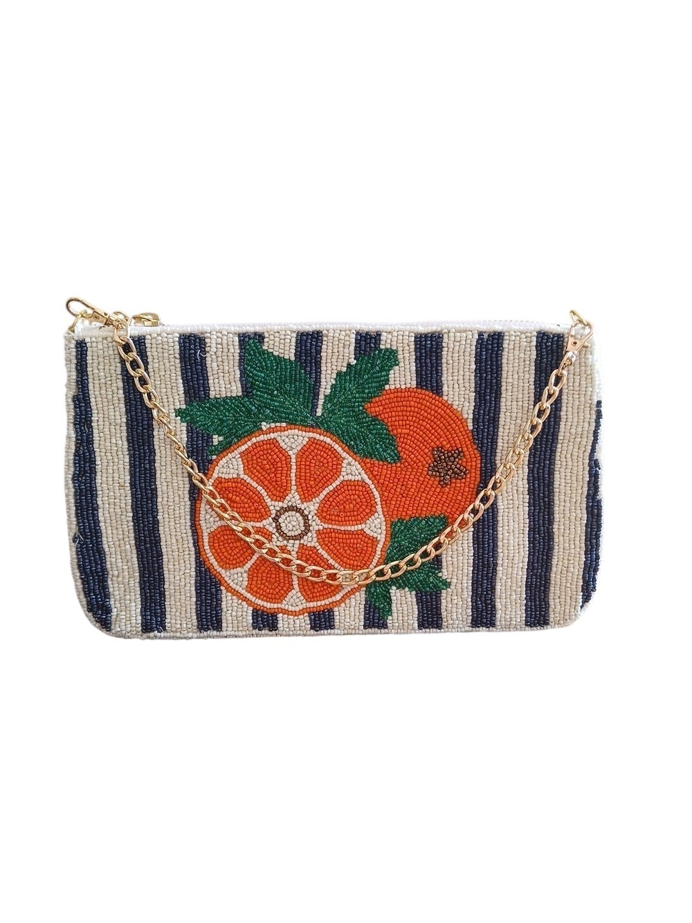 NWOT! Wildfox Orange Beaded Citrus Stripe Clutch with Gold Chain